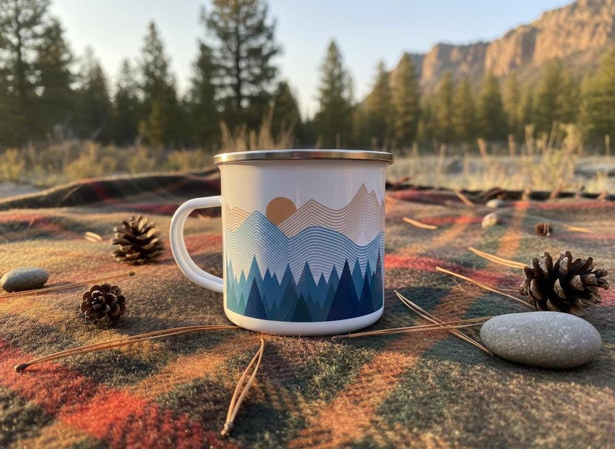 A white enamel mug with a mountain graphic sits on a plaid blanket surrounded by pine cones and small stones.