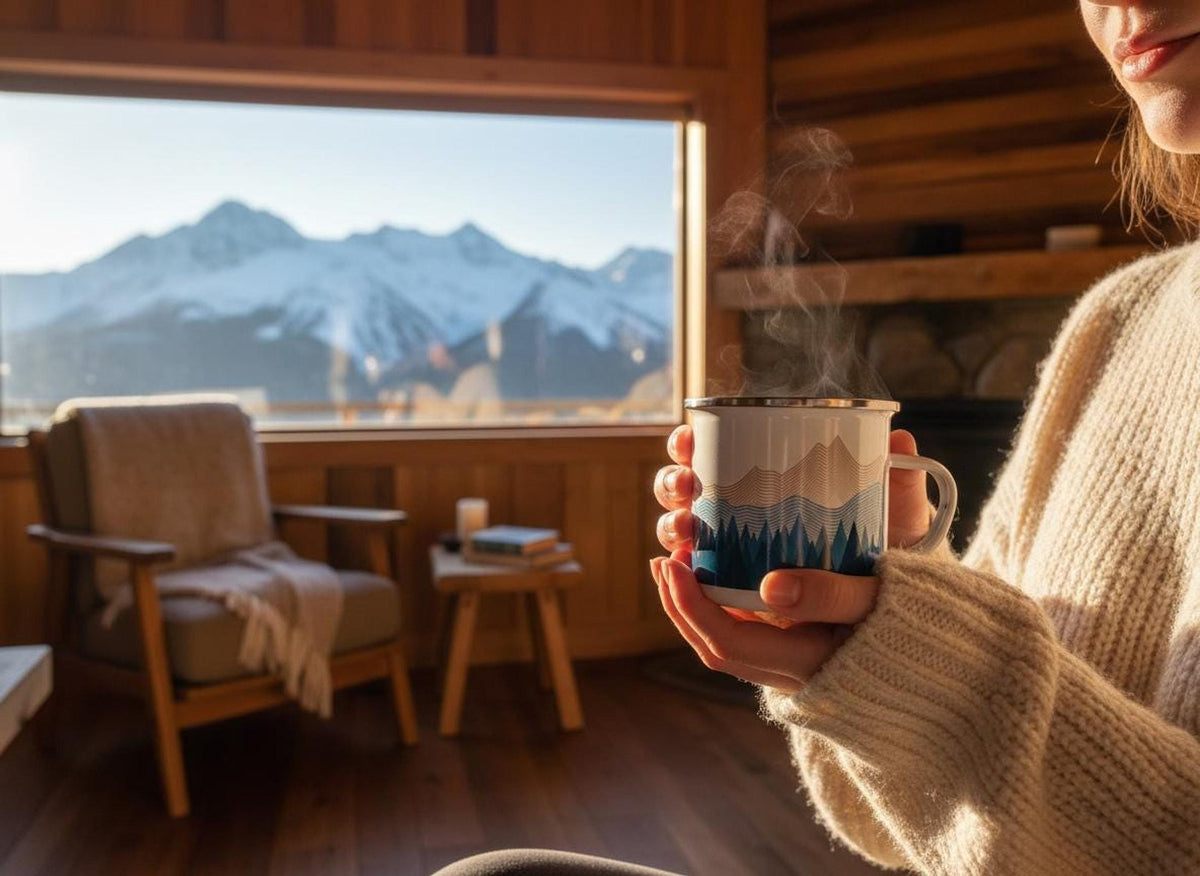 A person in a cream sweater holds a steaming enamel mug with a mountain design in front of a large window with snowy mountains.