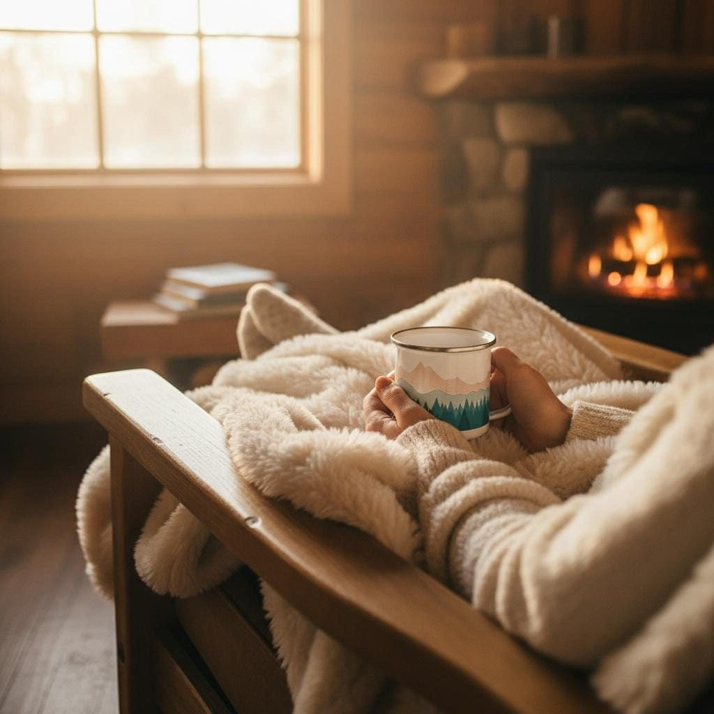 A person wrapped in a soft blanket holds a small enamel mug indoors with a glowing fireplace in the background.