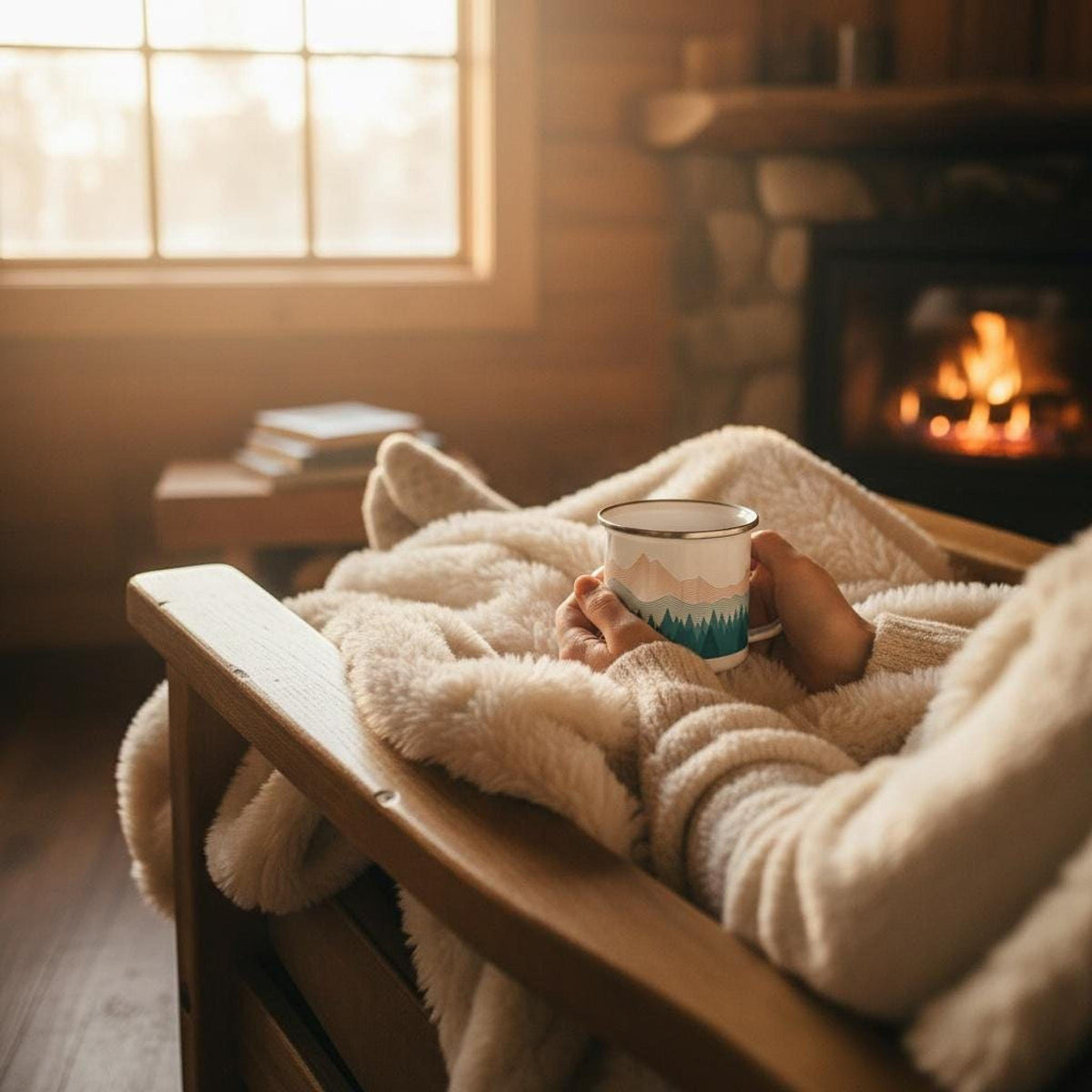 A person wrapped in a soft blanket holds a small enamel mug indoors with a glowing fireplace in the background.