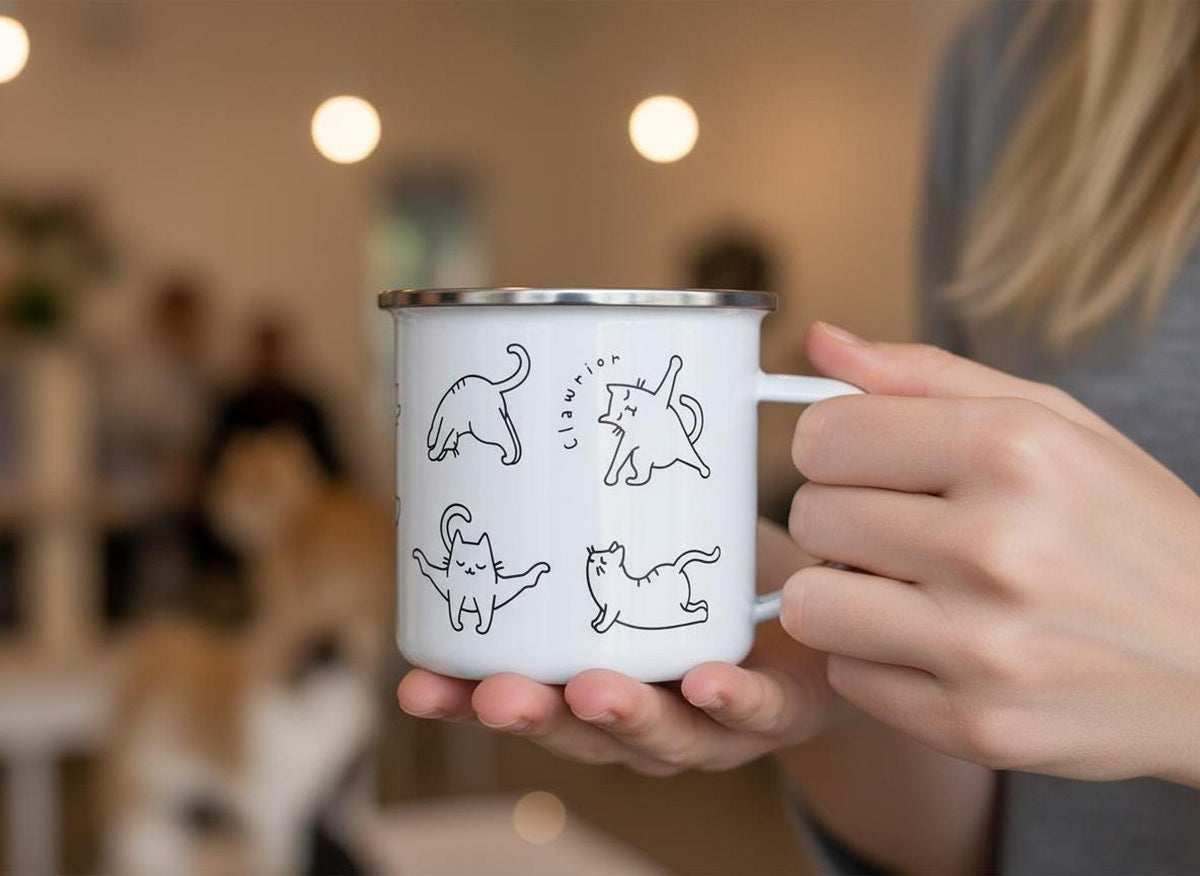 A person holding the white enamel mug displaying line drawings of cats in yoga poses and the text Clawrior.