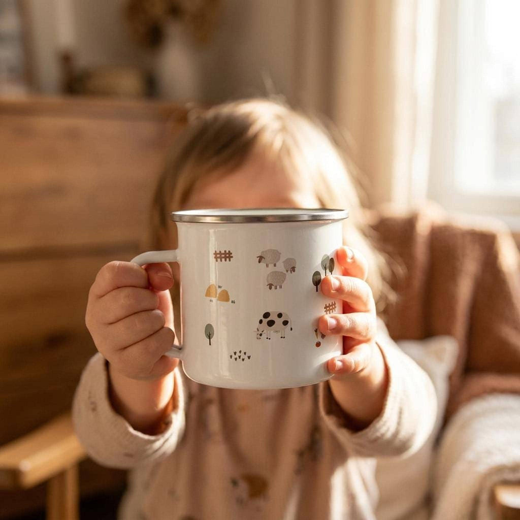 A young child holds up a white enamel mug with farm animal patterns directly in front of their face indoors.