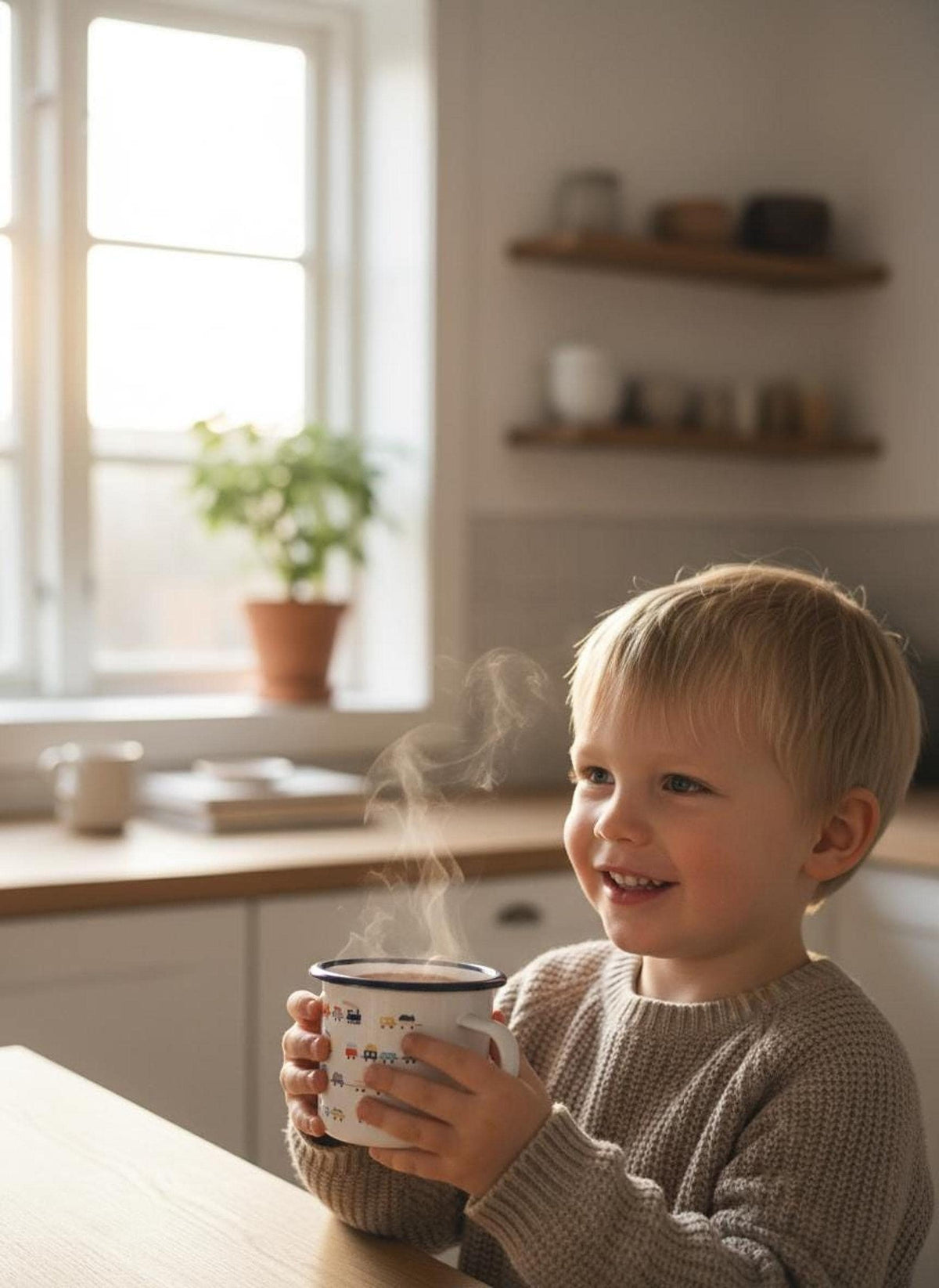 A smiling young boy in a knitted sweater holds a steaming white mug with a train print near a kitchen window.