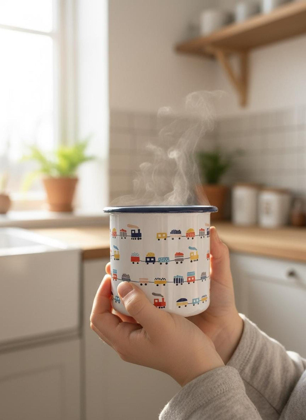 A person holds a steaming white enamel mug printed with rows of colorful toy trains in a kitchen setting.