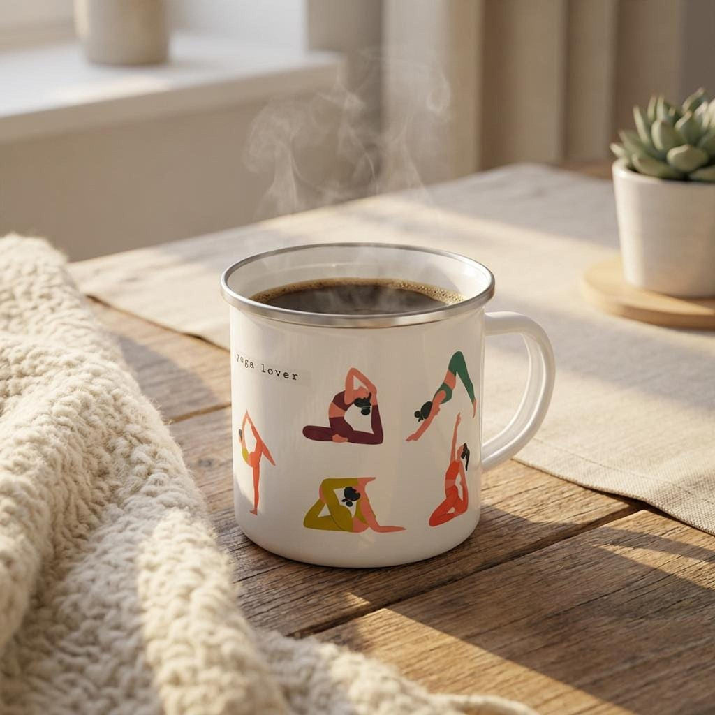 White enamel yoga mug filled with coffee on a wooden table beside a textured cream throw blanket.