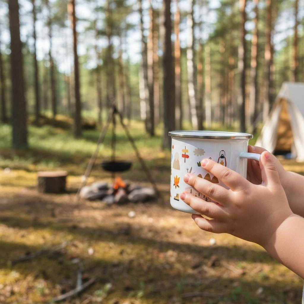 A child's hands hold a white camping mug in front of a blurry forest scene featuring a campfire and camping tent.