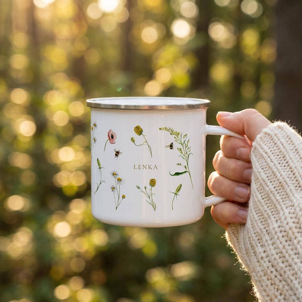 A hand wearing a knit sweater holds a white enamel mug featuring wildflower illustrations and the name LENKA, set against a sunlit outdoor background.