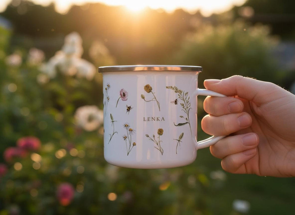 A hand holds a personalized wildflower enamel mug outdoors during golden hour with a blurry green garden and sunset background.