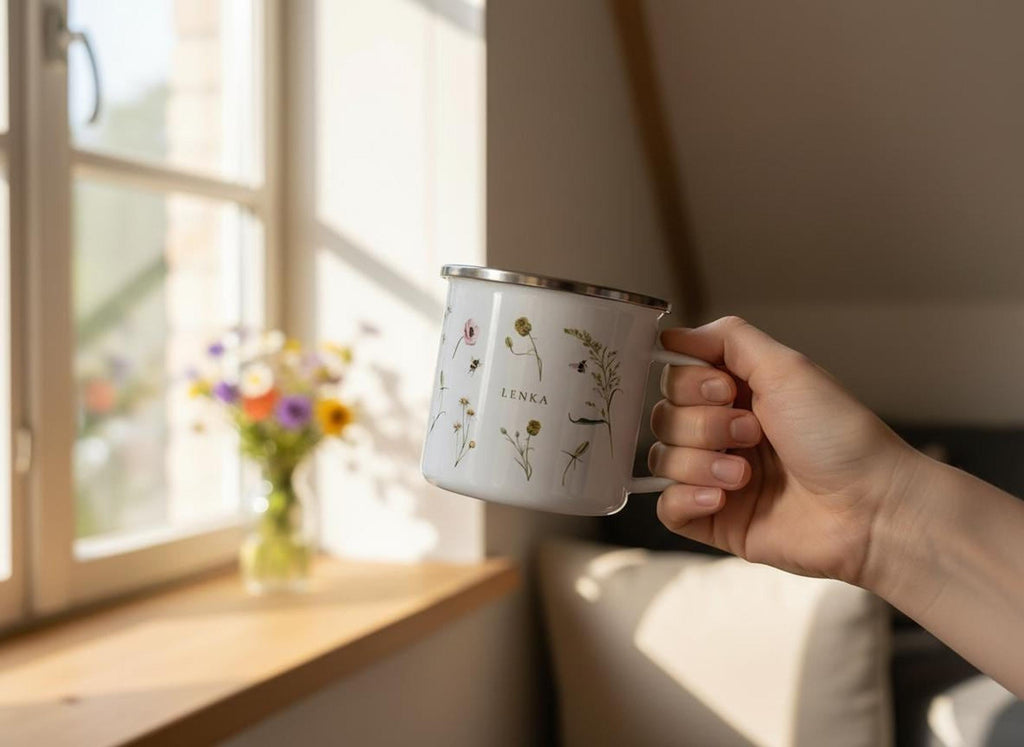 A hand holds a personalized wildflower enamel mug indoors near a window with a small vase of colorful flowers on the sill.