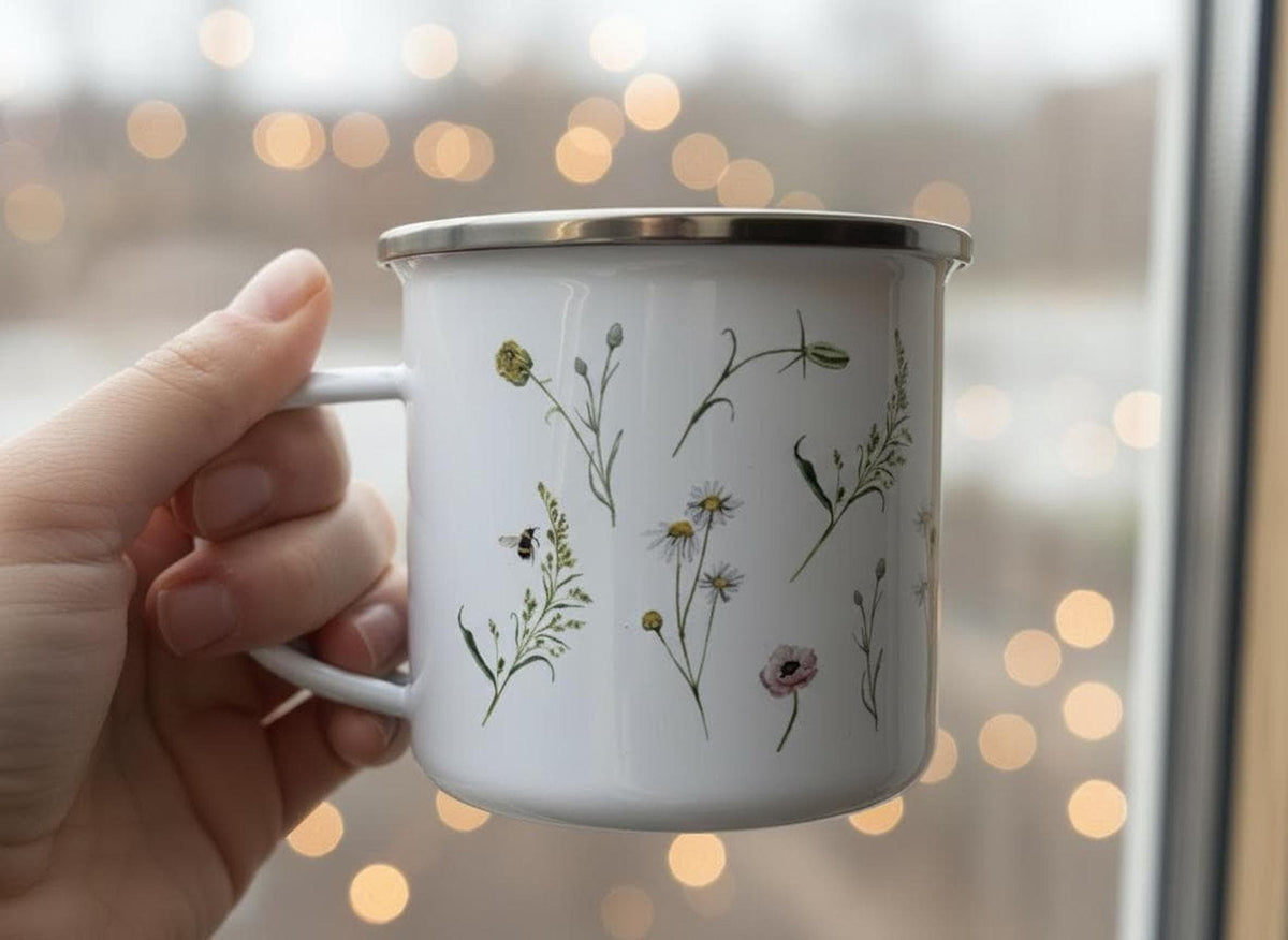 A hand holds up a white enamel mug decorated with watercolor wildflowers and bees against a softly lit background with bokeh lights.