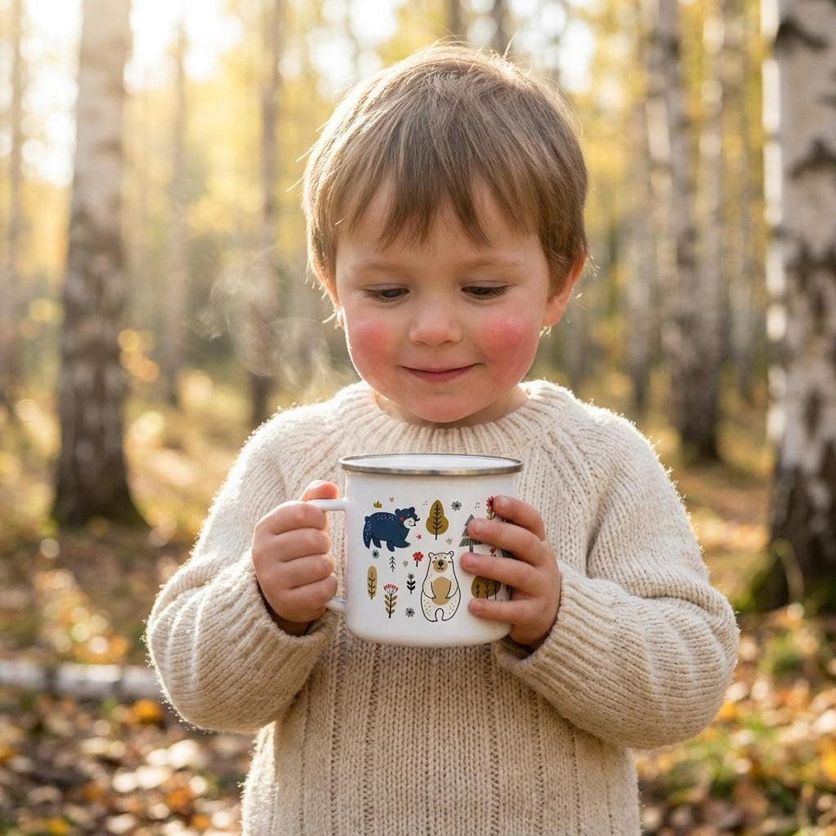A young child wearing a cream knit sweater holds the illustrated bear enamel mug outdoors among autumn trees.