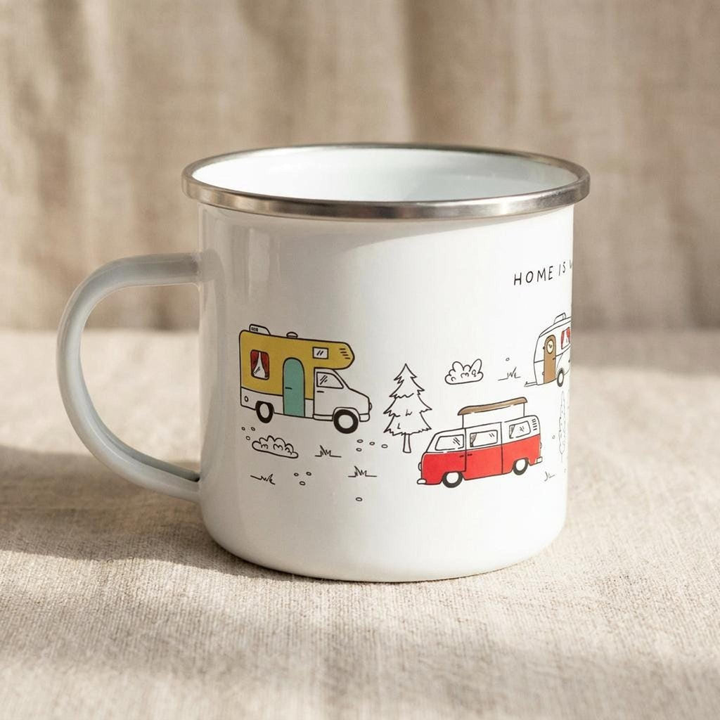 Side view of the white enamel camping mug showing a yellow campervan and a red campervan.
