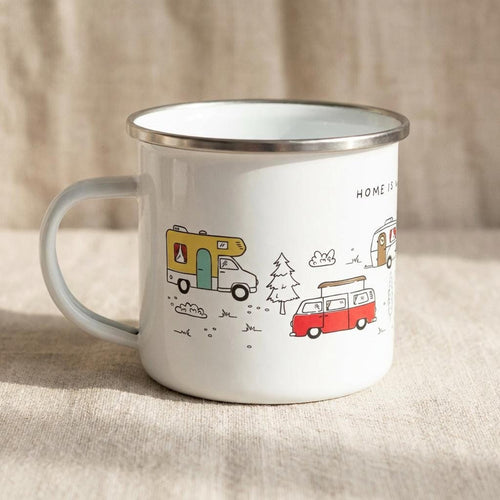 Side view of the white enamel camping mug showing a yellow campervan and a red campervan.
