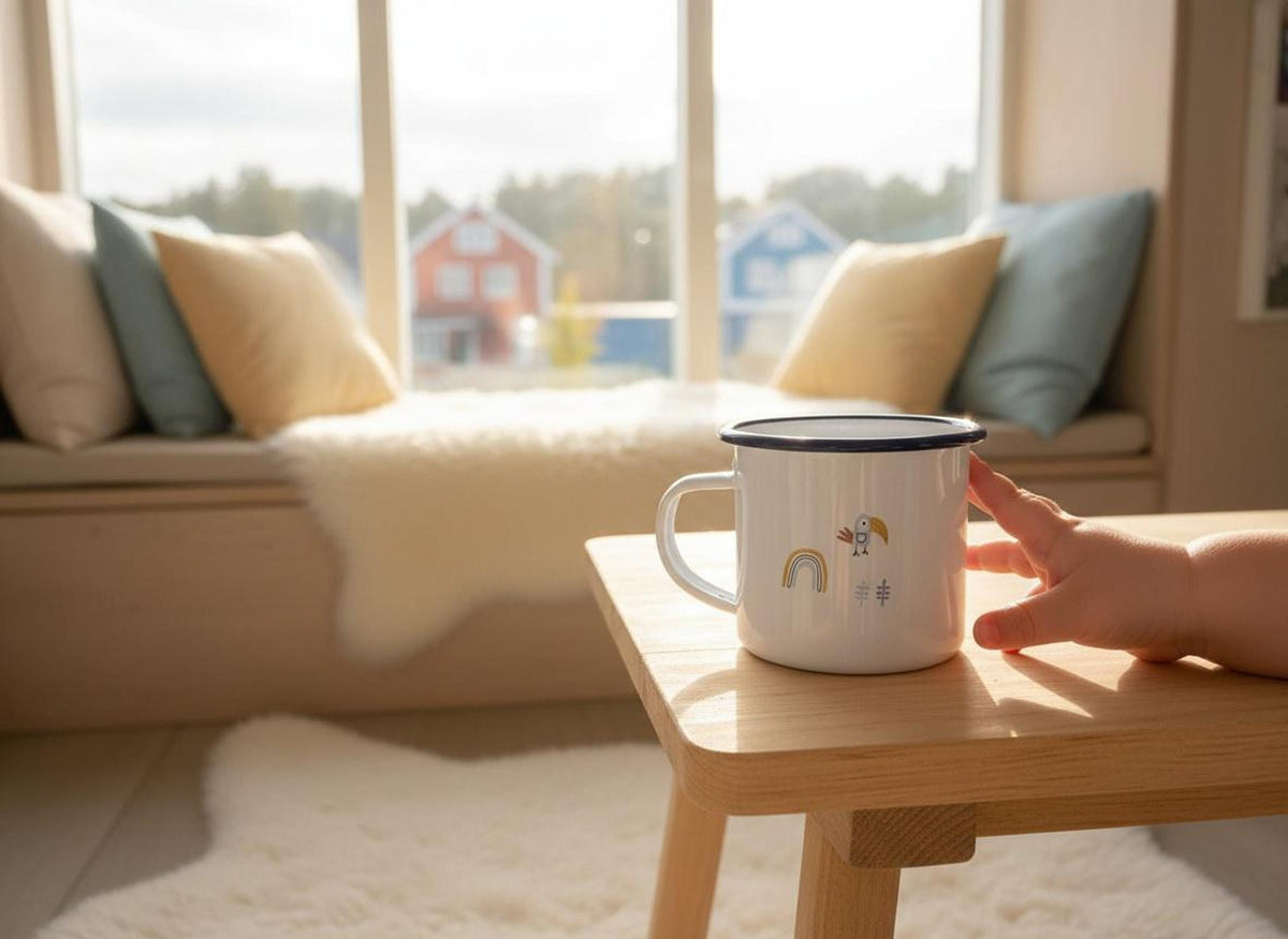 A child's hand reaches toward a white enamel mug with a bird graphic on a wooden table near a sunlit window.