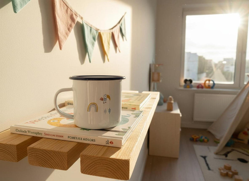 A white enamel mug with a bird graphic sits on a wooden shelf above children's books.