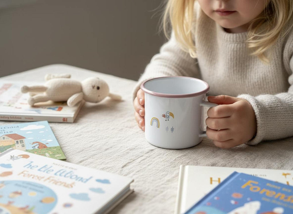 A young child holds a white enamel mug with a pink rim next to children's books and a small stuffed toy.