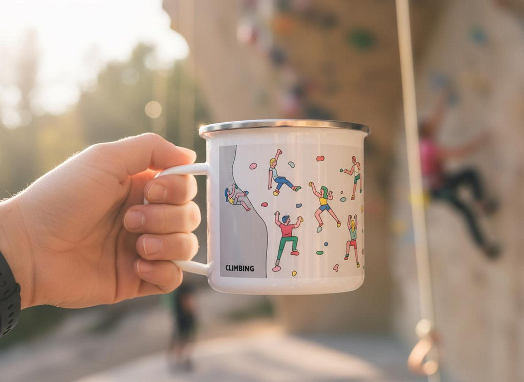 A hand holds a white enamel mug featuring a climbing graphic, with a blurred outdoor climbing wall and sunlight in the background.