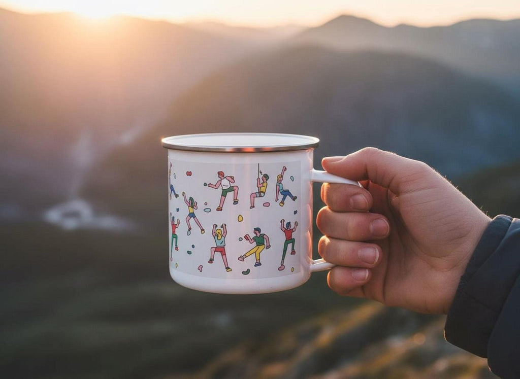 A person holds a white enamel mug with climber illustrations against a scenic mountain landscape backdrop at sunset.