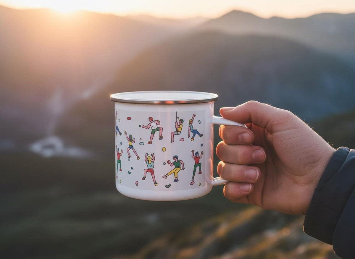 A person holds a white enamel mug with climber illustrations against a scenic mountain landscape backdrop at sunset.