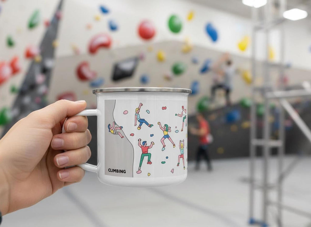 A hand holds a white enamel mug with a silver rim featuring a rock climbing design, set against a blurred climbing gym background.