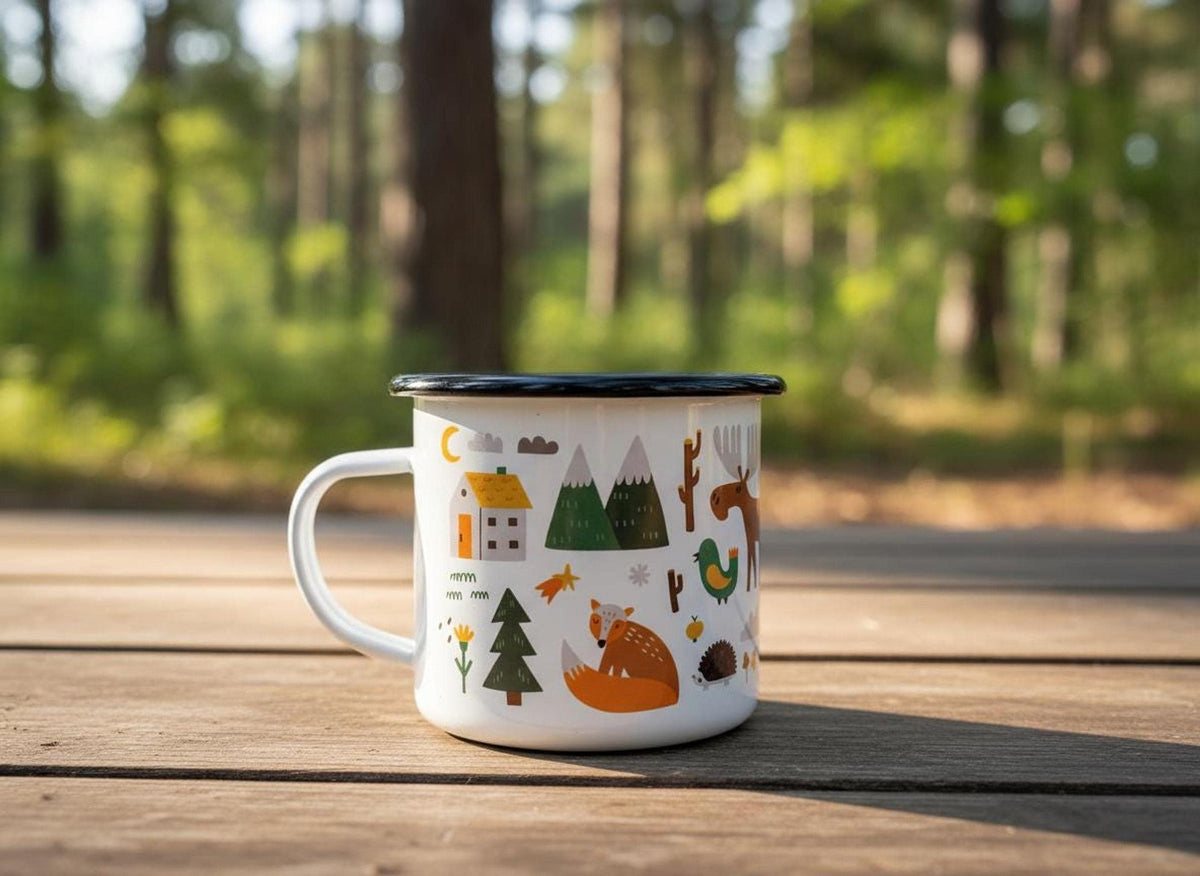 A white enamel camping mug with a black rim sits on a wooden surface outdoors, featuring colorful graphics of a house, trees, a fox, and a moose.