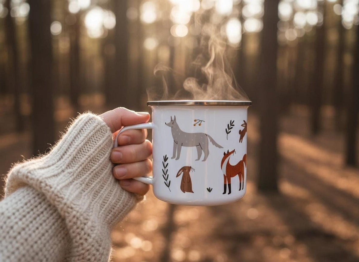 A hand in a cream sweater holds a steaming white enamel mug featuring a woodland animal pattern outdoors against a blurred forest background.