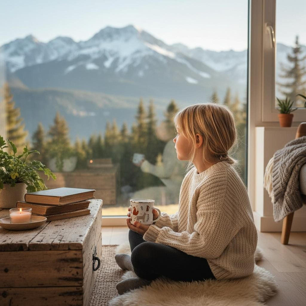 A young child sitting on a sheepskin rug holds a small mug while looking out a large window at a snow-capped mountain landscape.