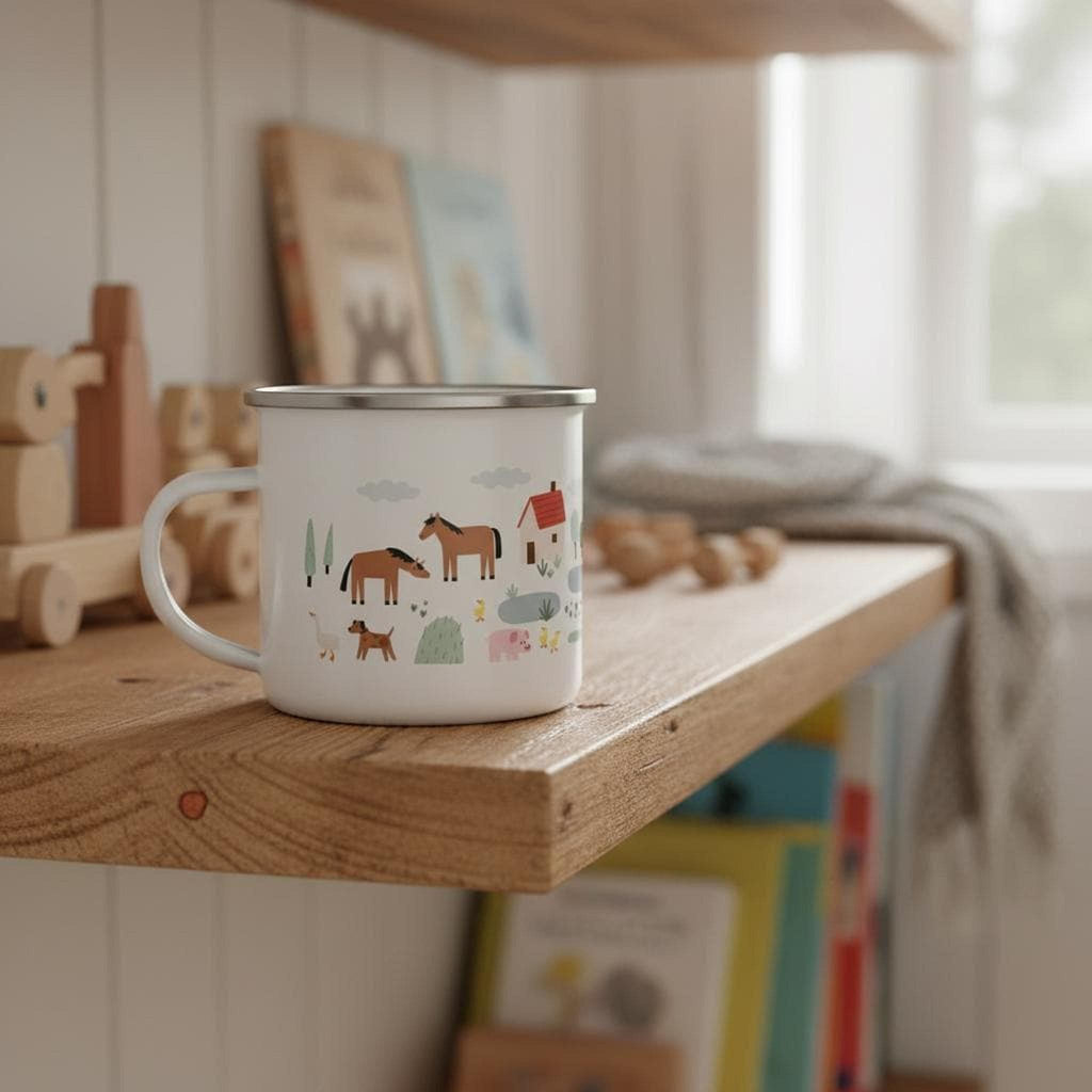 A white enamel mug with a farm animal pattern sits on a wooden shelf next to children's books.