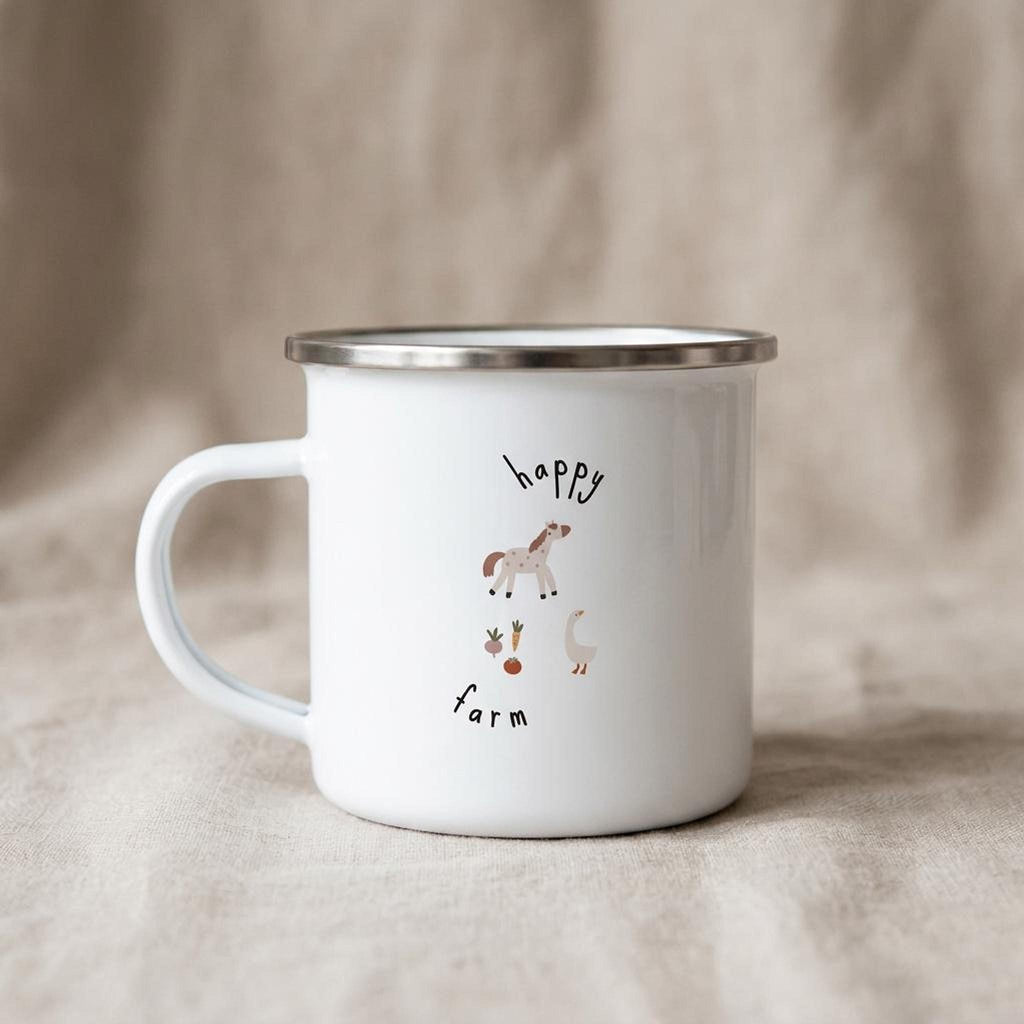 A white enamel mug with a silver rim features a happy farm illustration with a horse, carrot, and goose alongside text reading happy farm.