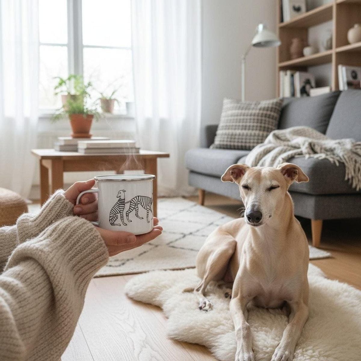 A person wearing a knit sweater holds a white enamel mug with a whippet illustration, while a fawn-colored whippet dog rests on a white sheepskin rug indoors.