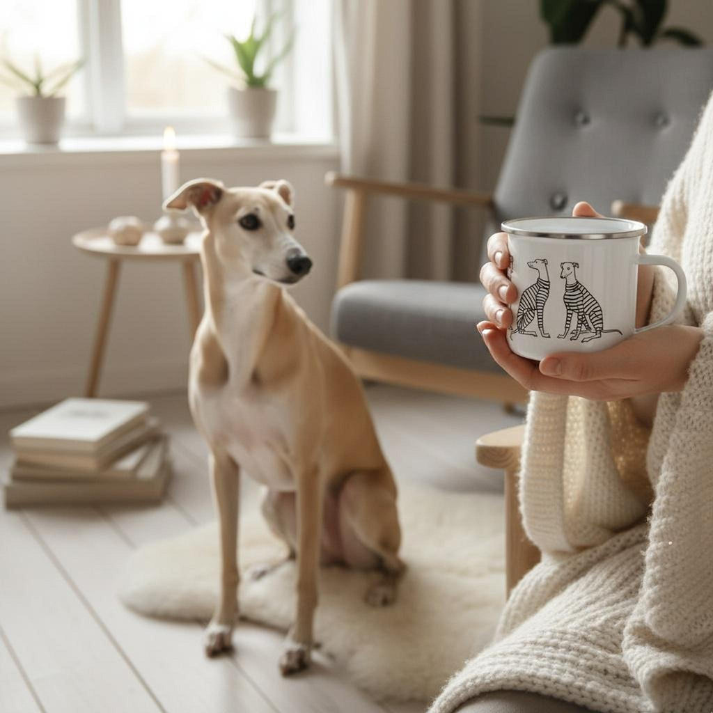 A fawn whippet sits attentively on a white rug next to a person in a cream cardigan holding a white enamel mug decorated with whippet drawings.