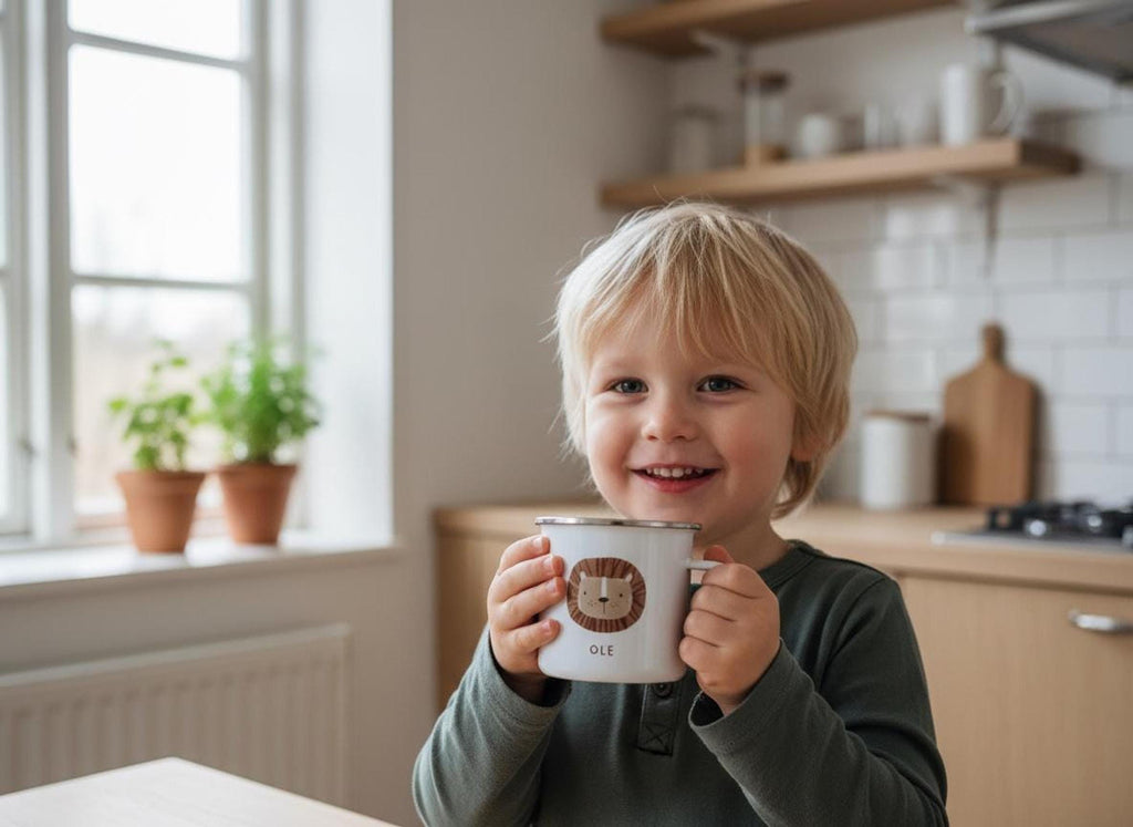 A smiling blonde child in a dark shirt holding a white enamel mug featuring a lion graphic and the name Ole in a kitchen.