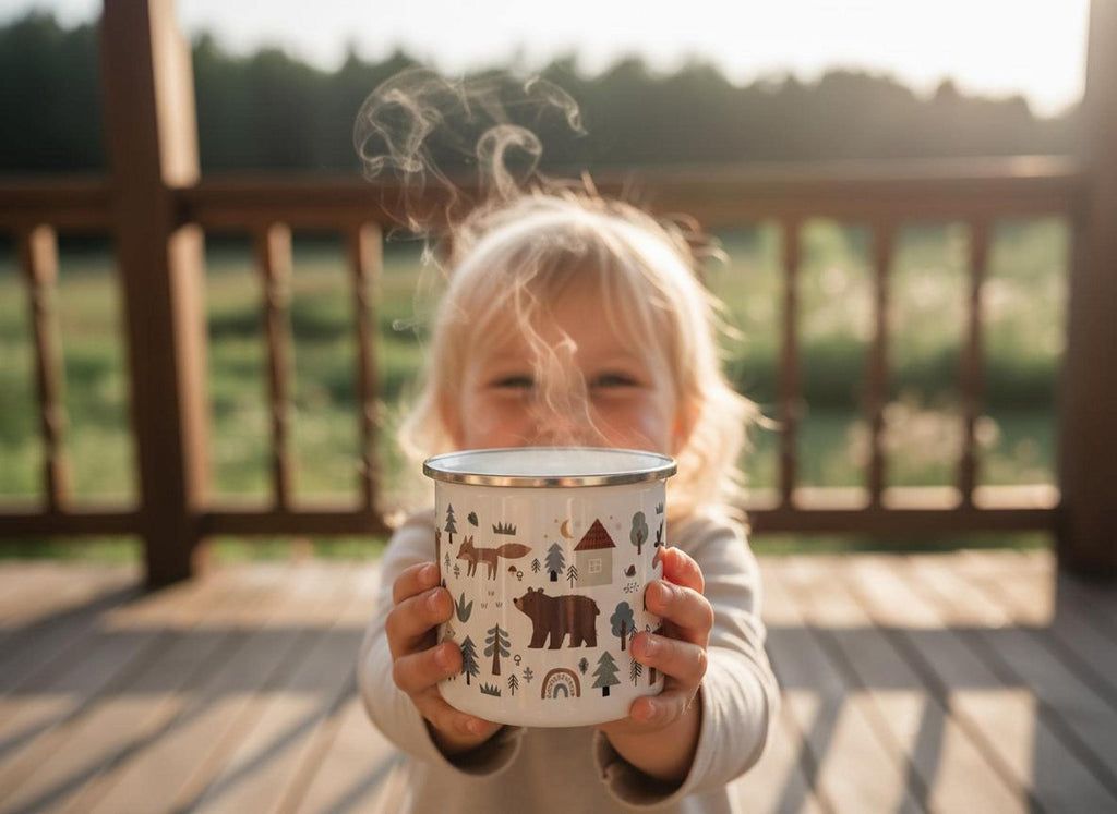 A toddler holding out a steaming woodland enamel mug with both hands on an outdoor porch.