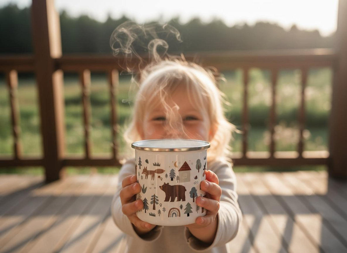 A toddler holding out a steaming woodland enamel mug with both hands on an outdoor porch.