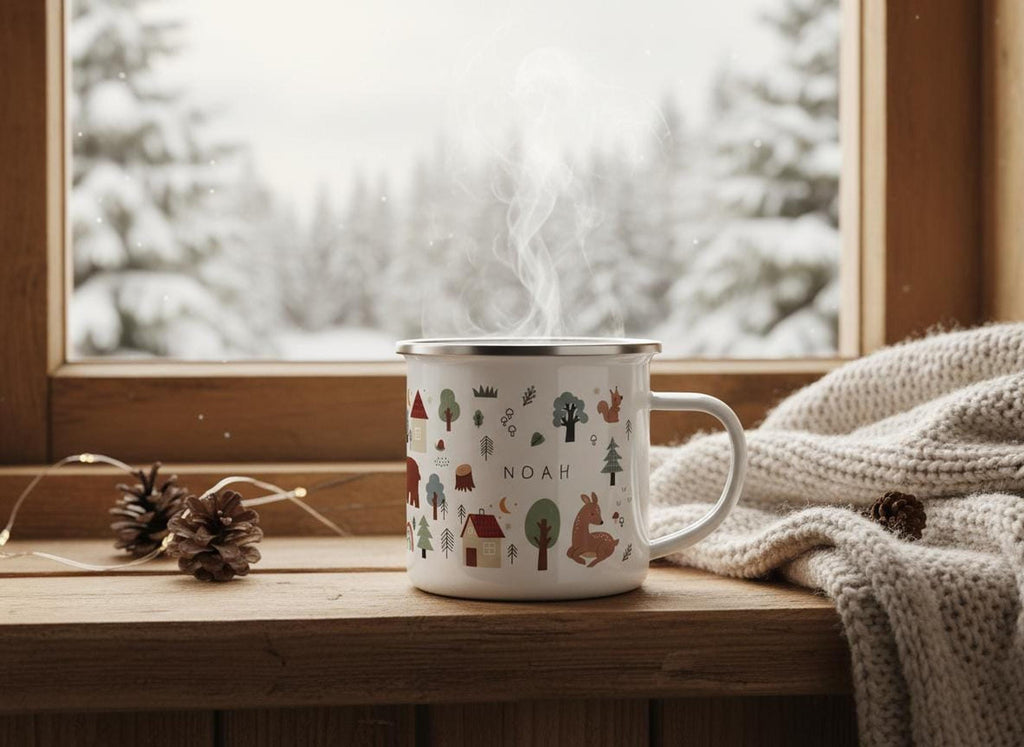A steaming personalised white enamel mug with the name Noah and a woodland animal pattern sits on a wooden windowsill beside a knit blanket and pinecones.