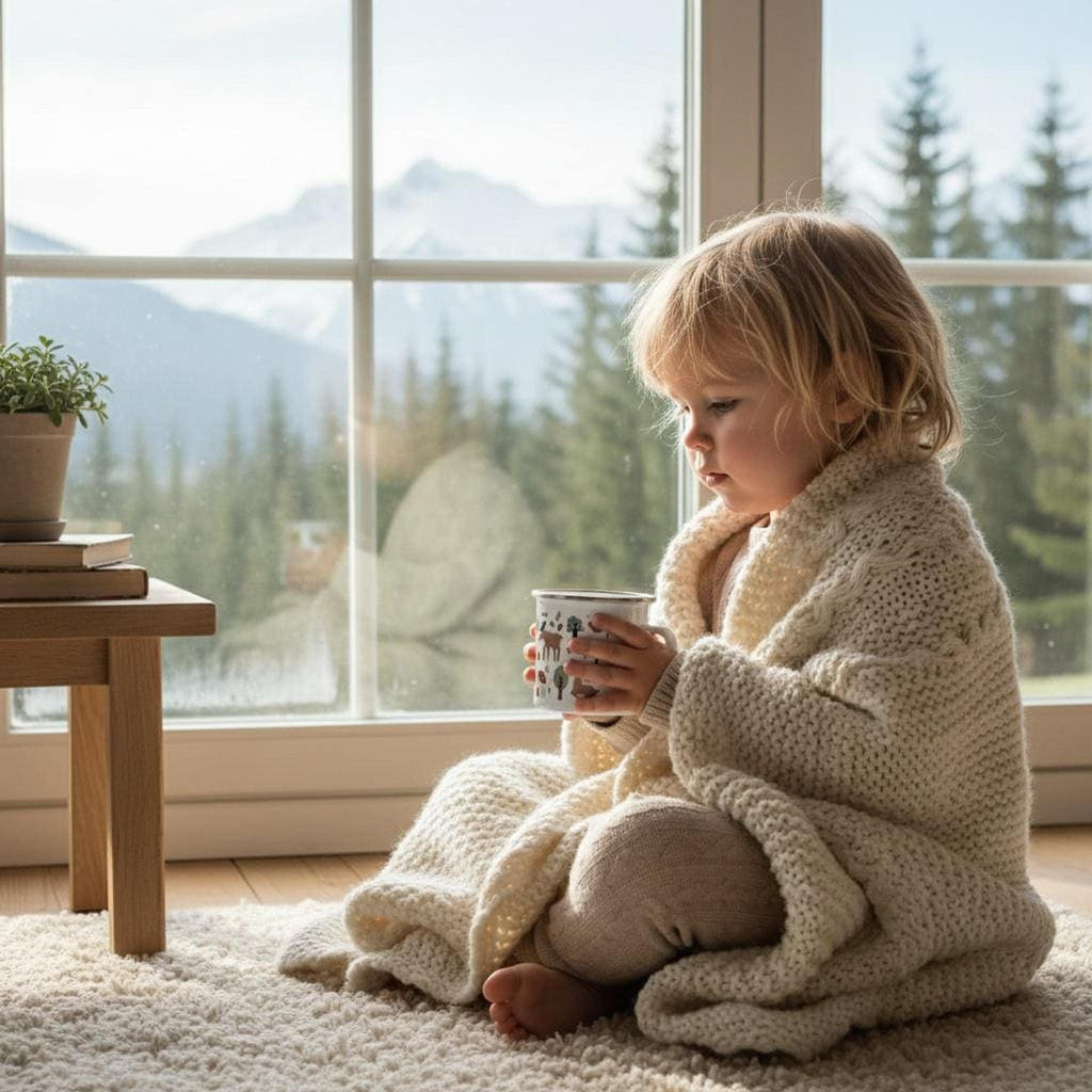 A young child wrapped in a chunky knit blanket holds a small mug while sitting on a rug in front of a large window overlooking snowy mountains and pine trees.