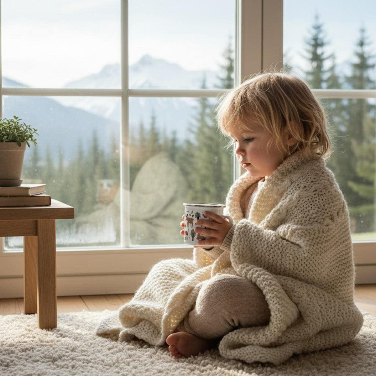 A young child wrapped in a chunky knit blanket holds a small mug while sitting on a rug in front of a large window overlooking snowy mountains and pine trees.