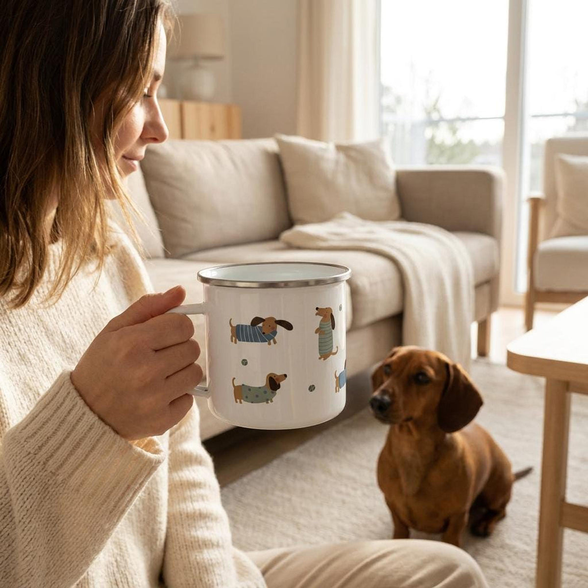 A woman holding the personalised dachshund mug indoors, with a live dachshund dog sitting nearby on a rug.