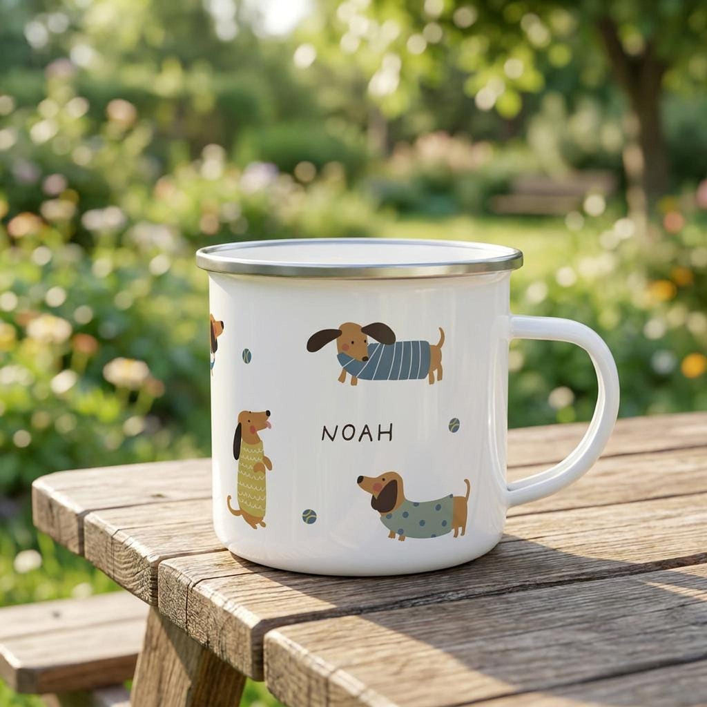 The dachshund enamel mug sitting on a wooden picnic table outdoors with a blurry garden background.