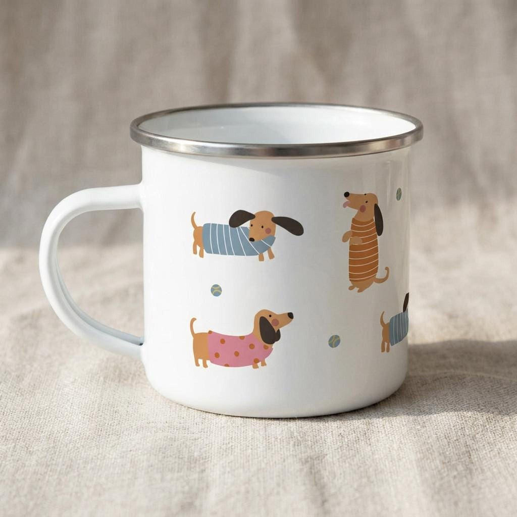 A white enamel camping mug featuring colorful sausage dog illustrations resting on a neutral cloth.