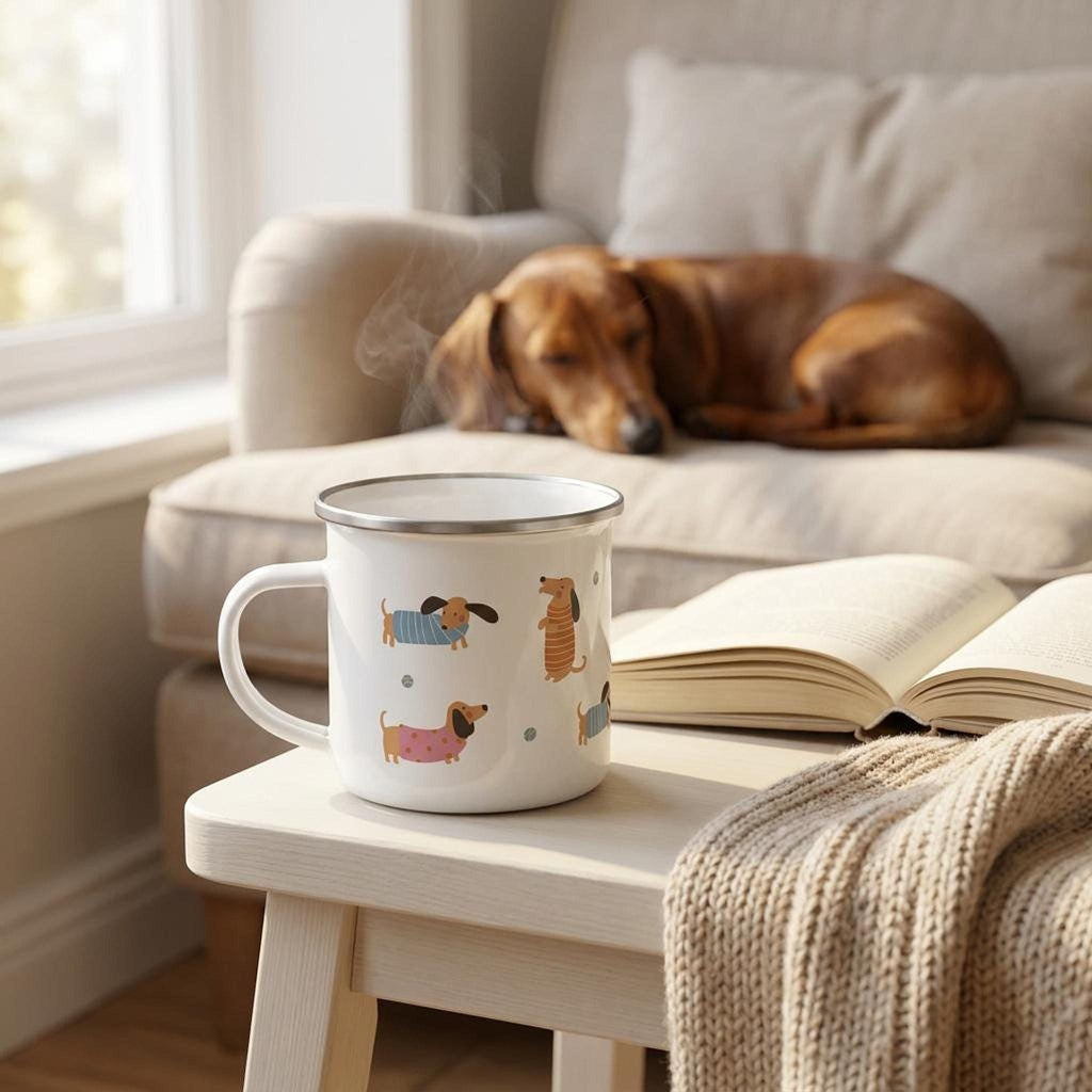 A white enamel dachshund mug on a small wooden table with an open book and a sleeping dog on a sofa behind it.