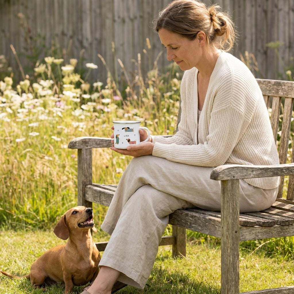 A woman in a cream cardigan sits on a wooden garden bench holding a white mug, with a small brown dachshund looking up at her from the grass.
