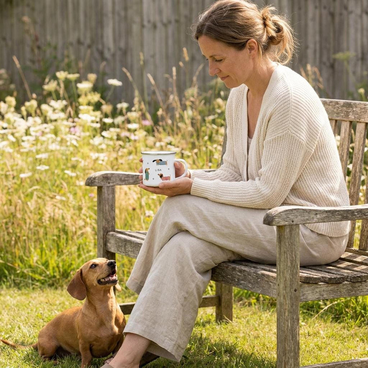 A woman in a cream cardigan sits on a wooden garden bench holding a white mug, with a small brown dachshund looking up at her from the grass.