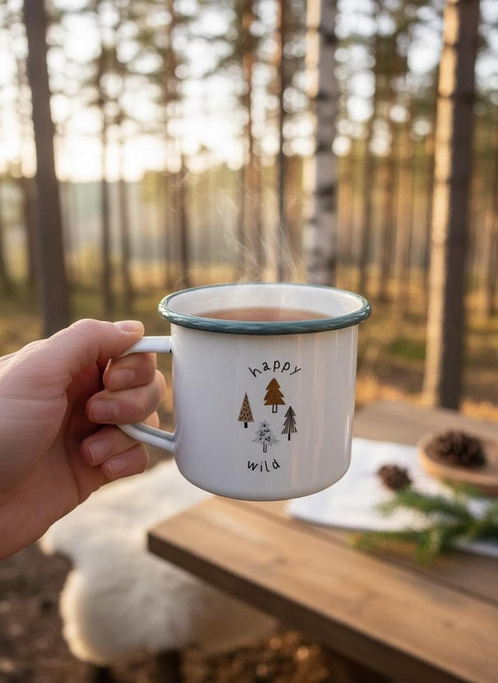 A hand holds a steaming enamel mug with a forest illustration outdoors on a wooden table.