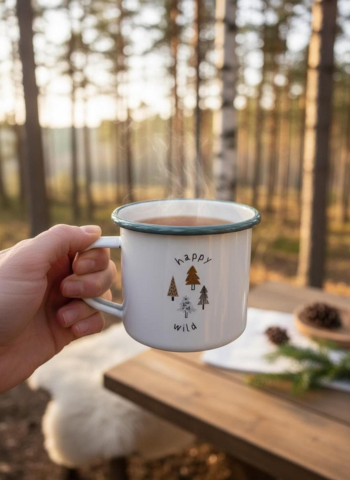 A hand holds a steaming enamel mug with a forest illustration outdoors on a wooden table.