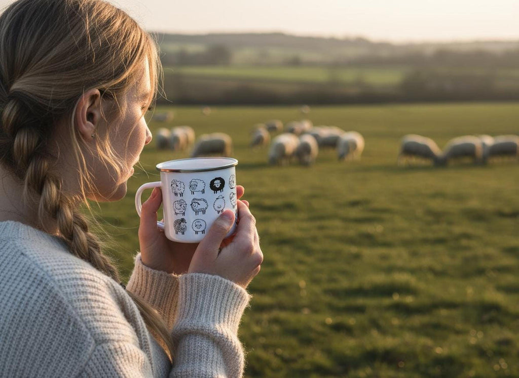 A person in a cream knit sweater holds a white sheep-patterned enamel mug while looking out at a grassy field with grazing sheep.