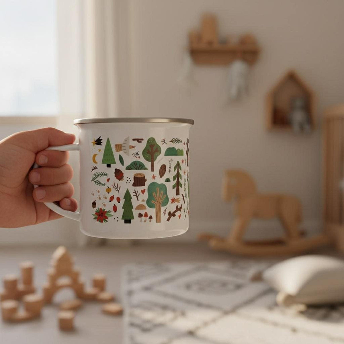 A hand holds a white woodland-patterned enamel mug in a blurred children room with wooden toys.