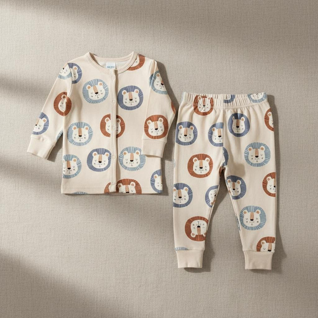 Matching long-sleeve button-down top and pants set for babies, printed with a playful lion pattern.