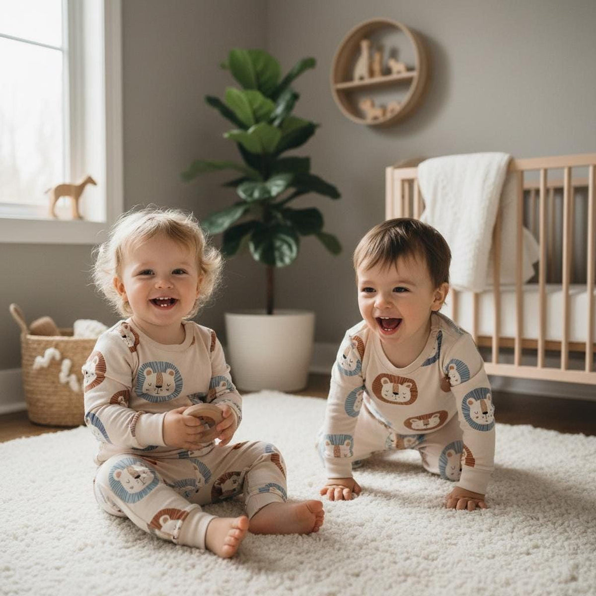 Two toddlers wearing matching lion-patterned pajamas sitting and playing happily on a white shag rug.