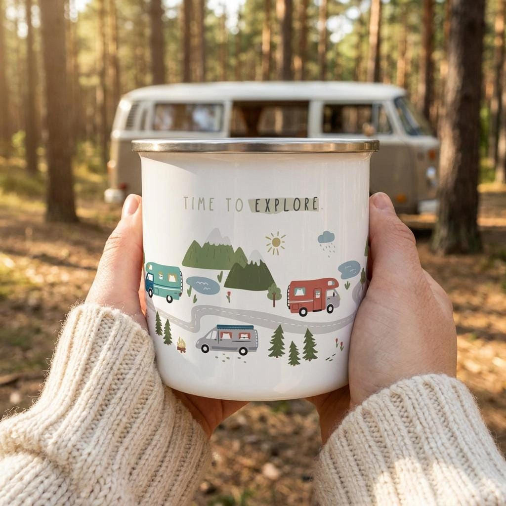 A person wearing a cream-knit sweater holds the camp mug outdoors with a blurred forest and a parked vintage camper van in the background.